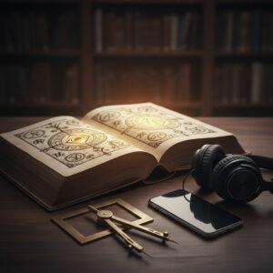 Ein geheimnisvolles fiktives Symbolbuch liegt auf einem Tisch, zusammen mit Werkzeugen, einem Smartphone und Kopfhörer.