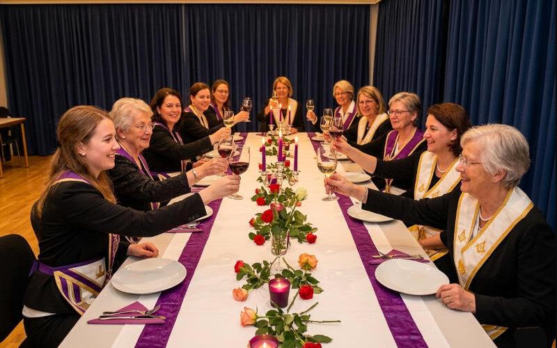 Ein Gruppenbild mit zwölf Freimaurerinnen in formeller Kleidung, die an einer festlich geschmückten Tafel sitzen und anstoßen. Der Tisch ist mit lila Tischläufern, Rosen, lila Kerzen und Weingläsern dekoriert. Die Frauen tragen maurerische Insignien. Im Hintergrund sind dunkle Vorhänge zu sehen.